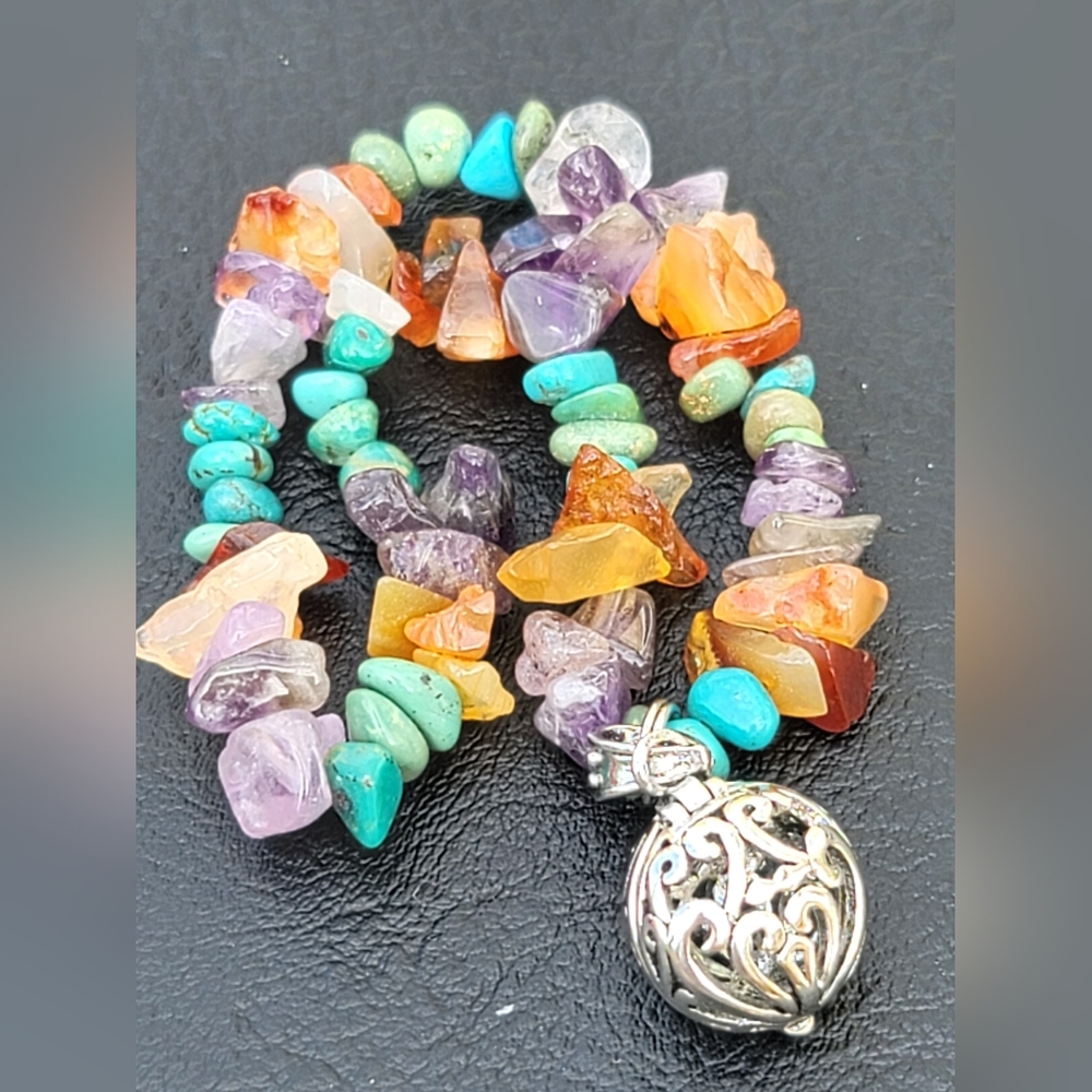 Multicolor Semi Precious Gemstone With Silver Orb Locket